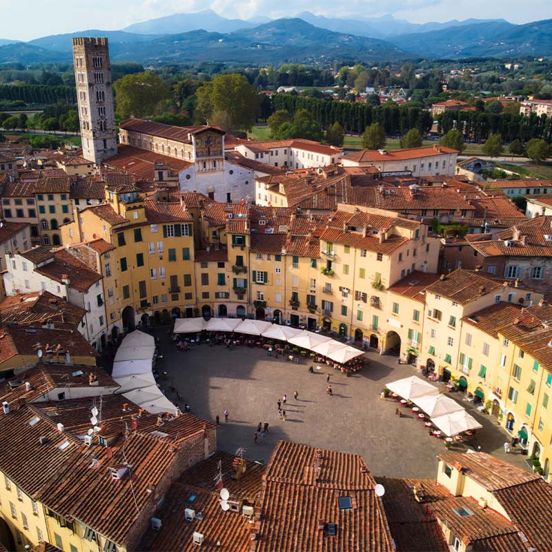 Piazza dell Anfiteatro at Lucca aerial view