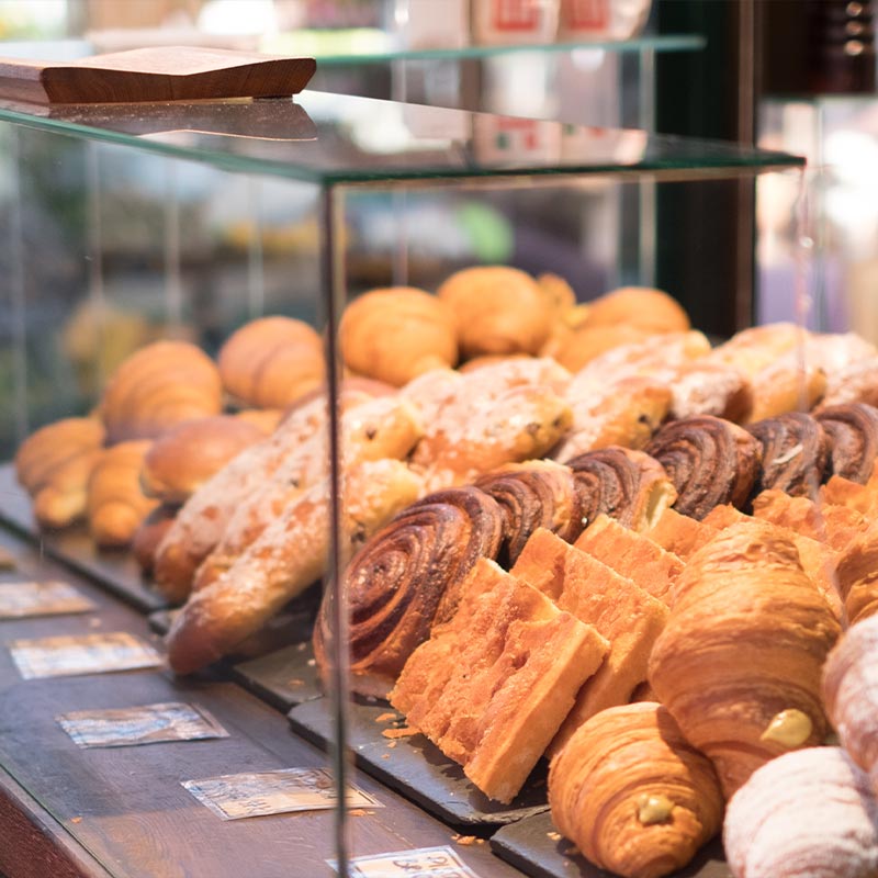 Pastries displayed in a bakery in Italy