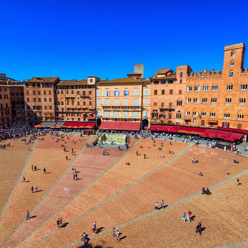 Aerial view of Siena, Campo Square (Piazza del Campo) in Siena, Tuscany, Italy